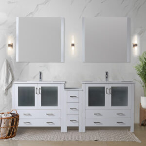 Volez 84W x 18.25D White Double Bath Vanity with Side Cabinet, and White Ceramic Top