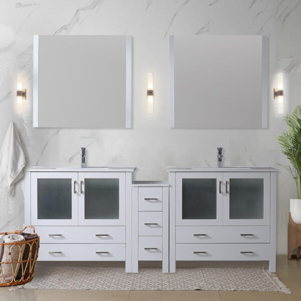 Volez 84W x 18.25D White Double Bath Vanity with Side Cabinet, and White Ceramic Top