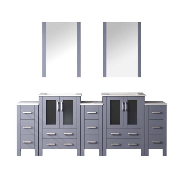 Volez 84W x 18.25D Dark Grey Double Bath Vanity with Side Cabinets, White Ceramic Top, and 22Mirrors