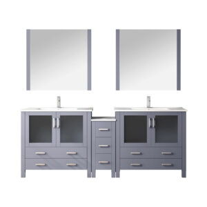 Volez 84W Dark Grey Double Bath Vanity with Side Cabinet, Faucet Set, White Ceramic Top, and 34Mirrors