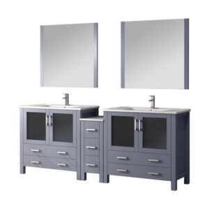 Volez 84W Dark Grey Double Bath Vanity with Side Cabinet, Faucet Set, White Ceramic Top, and 34Mirrors