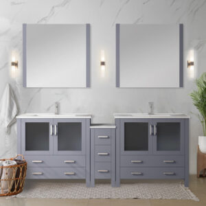 Volez 84W x 18.25D Dark Grey Double Bath Vanity with Side Cabinet, and White Ceramic Top