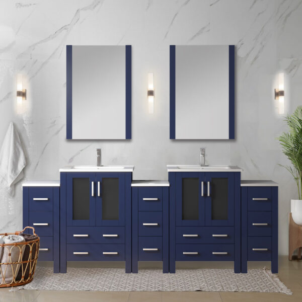 Volez 84W x 18.25D Navy Blue Double Bath Vanity with Side Cabinet, and White Ceramic Top