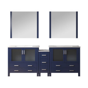 Volez 84W x 18.25D Navy Blue Double Bath Vanity with Side Cabinet, White Ceramic Top, and 34Mirrors