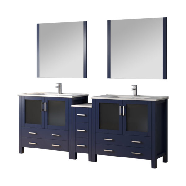 Volez 84W Navy Blue Double Bath Vanity with Side Cabinet, Faucet Set, White Ceramic Top, and 34Mirrors