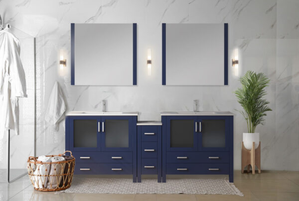 Volez 84W Navy Blue Double Bath Vanity with Side Cabinet, Faucet Set, White Ceramic Top, and 34Mirrors