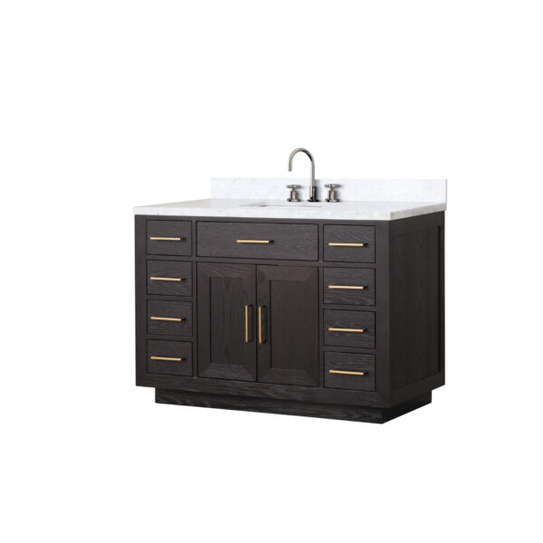 Abbey 48W x 22D Black Oak Single Bath Vanity, Carrara Marble Top, and Faucet Set