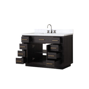 Abbey 48W x 22D Black Oak Single Bath Vanity, Carrara Marble Top, and Faucet Set