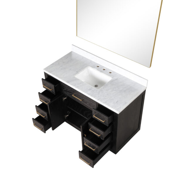 Abbey 48W x 22D Black Oak Single Bath Vanity, Carrara Marble Top, and 46Mirror