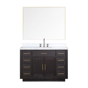 Abbey 48W x 22D Black Oak Single Bath Vanity, Carrara Marble Top, Faucet Set, and 46Mirror