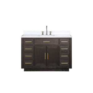 Abbey 48W x 22D Brown Oak Single Bath Vanity, Carrara Marble Top, and Faucet Set