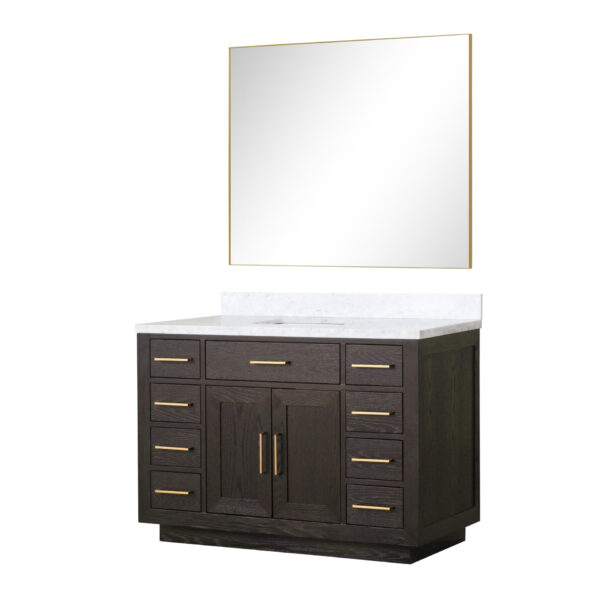 Abbey 48W x 22D Brown Oak Single Bath Vanity, Carrara Marble Top, and 46Mirror