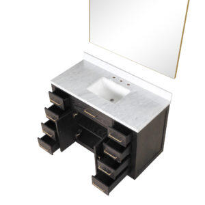 Abbey 48W x 22D Brown Oak Single Bath Vanity, Carrara Marble Top, and 46Mirror