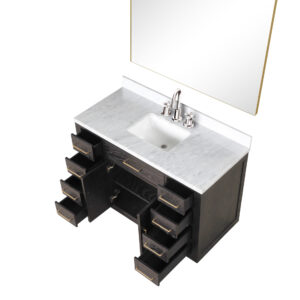 Abbey 48W x 22D Brown Oak Single Bath Vanity, Carrara Marble Top, Faucet Set, and 46Mirror