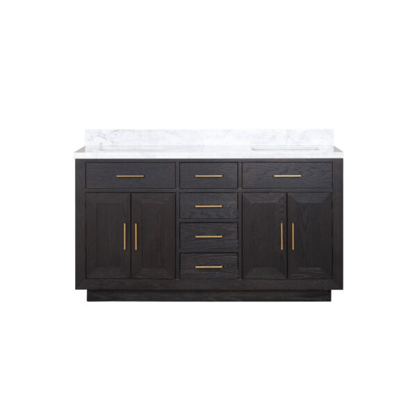 Abbey 60W x 22D Black Oak Double Bath Vanity and Carrara Marble Top