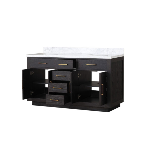 Abbey 60W x 22D Black Oak Double Bath Vanity and Carrara Marble Top