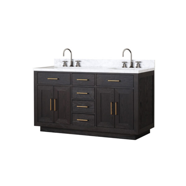 Abbey 60W x 22D Black Oak Double Bath Vanity, Carrara Marble Top, and Faucet Set