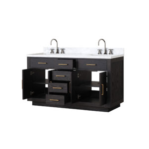 Abbey 60W x 22D Black Oak Double Bath Vanity, Carrara Marble Top, and Faucet Set