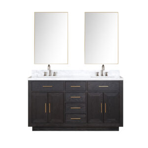 Abbey 60W x 22D Black Oak Double Bath Vanity, Carrara Marble Top, Faucet Set, and 28Mirrors