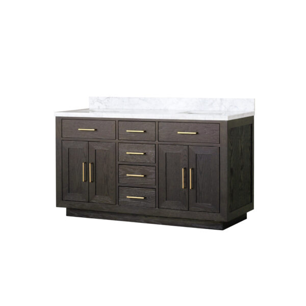 Abbey 60W x 22D Brown Oak Double Bath Vanity and Carrara Marble Top