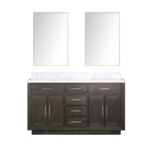 Abbey 60W x 22D Brown Oak Double Bath Vanity, Carrara Marble Top, and 28Mirrors