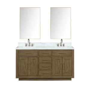 Abbey 60W x 22D Grey Oak Double Bath Vanity, Carrara Marble Top, Faucet Set, and 28Mirrors