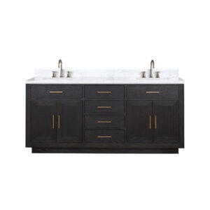 Abbey 72W x 22D Black Oak Double Bath Vanity, Carrara Marble Top, and Faucet Set