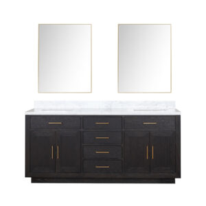 Abbey 72W x 22D Black Oak Double Bath Vanity, Carrara Marble Top, and 34Mirrors