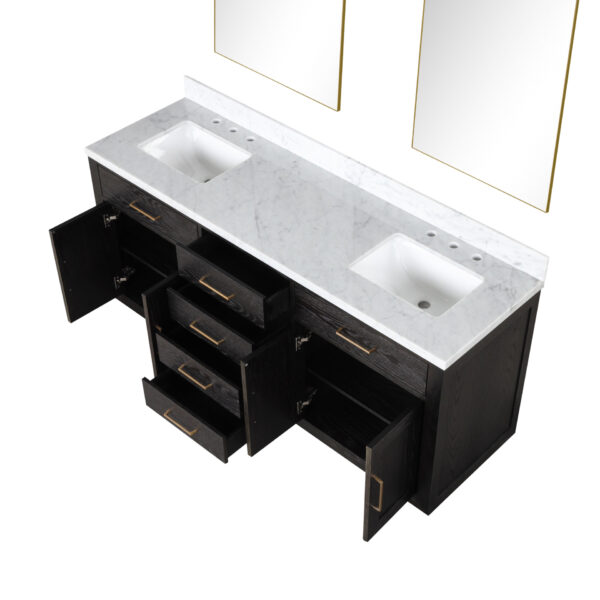 Abbey 72W x 22D Black Oak Double Bath Vanity, Carrara Marble Top, and 34Mirrors