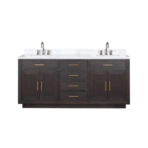 Abbey 72W x 22D Brown Oak Double Bath Vanity, Carrara Marble Top, and Faucet Set