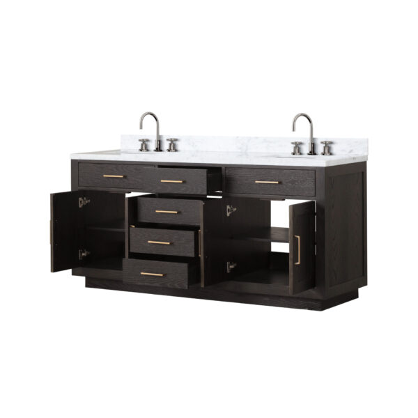 Abbey 72W x 22D Brown Oak Double Bath Vanity, Carrara Marble Top, and Faucet Set