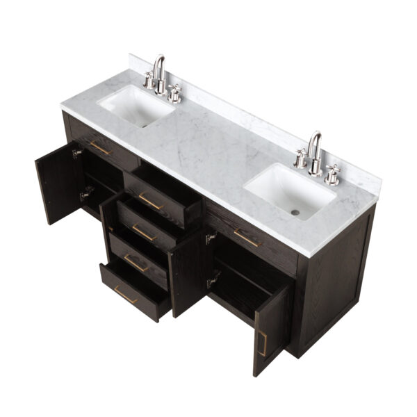 Abbey 72W x 22D Brown Oak Double Bath Vanity, Carrara Marble Top, and Faucet Set