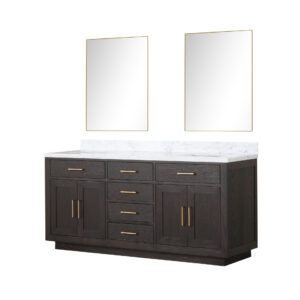 Abbey 72W x 22D Brown Oak Double Bath Vanity, Carrara Marble Top, and 34Mirrors