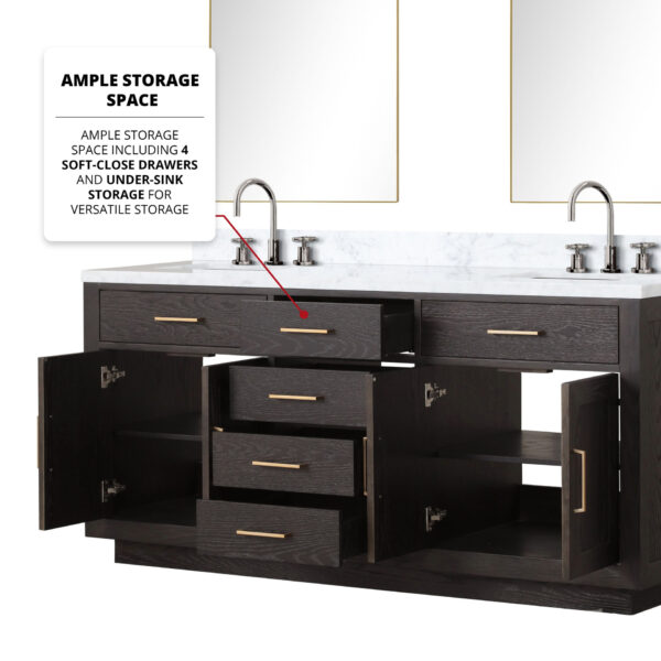 Abbey 72W x 22D Brown Oak Double Bath Vanity and Carrara Marble Top