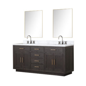 Abbey 72W x 22D Brown Oak Double Bath Vanity, Carrara Marble Top, Faucet Set, and 34Mirrors