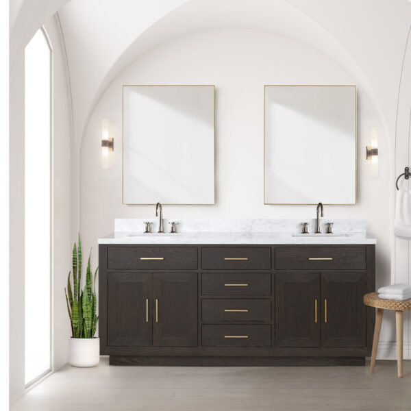 Abbey 72W x 22D Brown Oak Double Bath Vanity and Carrara Marble Top