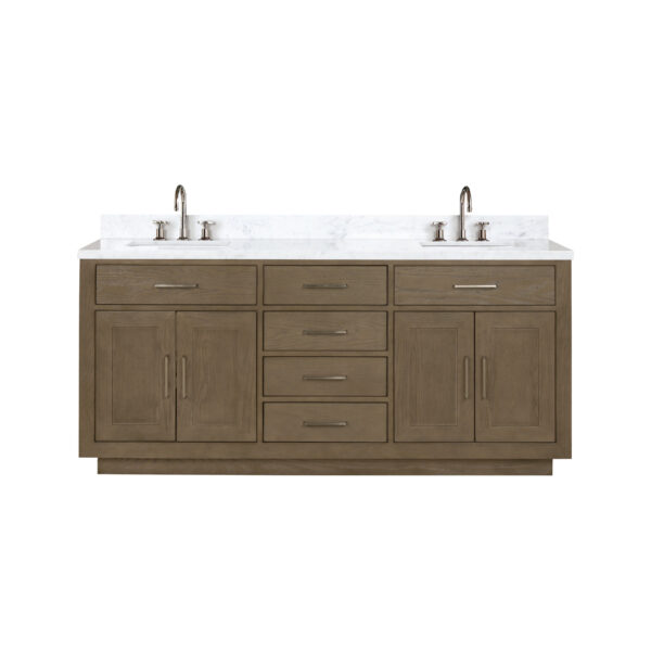 Abbey 72W x 22D Grey Oak Double Bath Vanity, Carrara Marble Top, and Faucet Set