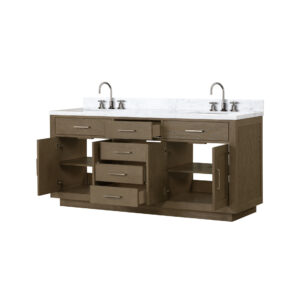 Abbey 72W x 22D Grey Oak Double Bath Vanity, Carrara Marble Top, and Faucet Set