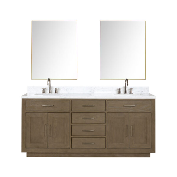 Abbey 72W x 22D Grey Oak Double Bath Vanity, Carrara Marble Top, Faucet Set, and 34Mirrors