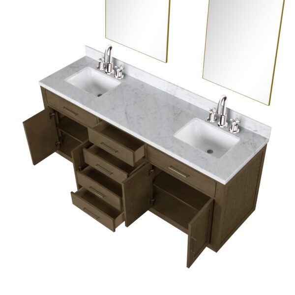 Abbey 72W x 22D Grey Oak Double Bath Vanity, Carrara Marble Top, Faucet Set, and 34Mirrors