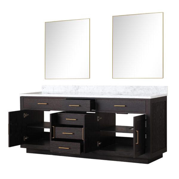 Abbey 80W x 22D Black Oak Double Bath Vanity, Carrara Marble Top, and 36Mirrors