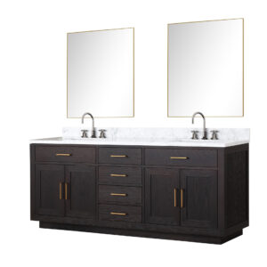 Abbey 80W x 22D Black Oak Double Bath Vanity, Carrara Marble Top, Faucet Set, and 36Mirrors