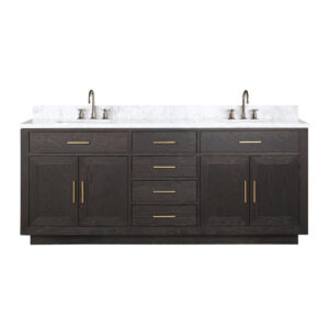 Abbey 80W x 22D Brown Oak Double Bath Vanity, Carrara Marble Top, and Faucet Set