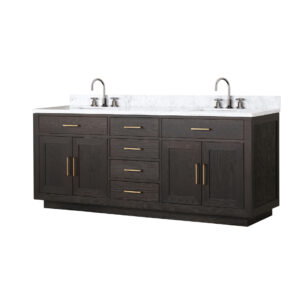 Abbey 80W x 22D Brown Oak Double Bath Vanity, Carrara Marble Top, and Faucet Set