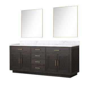 Abbey 80W x 22D Brown Oak Double Bath Vanity, Carrara Marble Top, and 36Mirrors