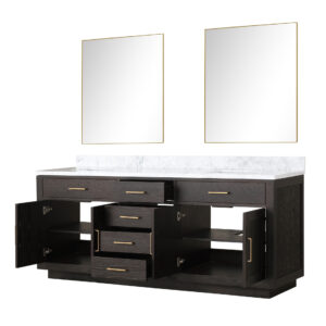 Abbey 80W x 22D Brown Oak Double Bath Vanity, Carrara Marble Top, and 36Mirrors