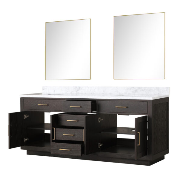 Abbey 80W x 22D Brown Oak Double Bath Vanity, Carrara Marble Top, and 36Mirrors