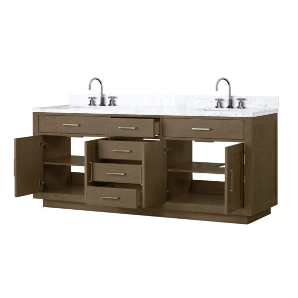 Abbey 80W x 22D Grey Oak Double Bath Vanity, Carrara Marble Top, and Faucet Set