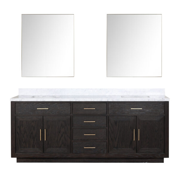 Abbey 84W x 22D Black Oak Double Bath Vanity, Carrara Marble Top, and 36Mirrors