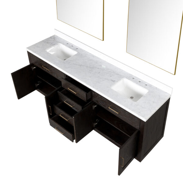 Abbey 84W x 22D Black Oak Double Bath Vanity, Carrara Marble Top, and 36Mirrors